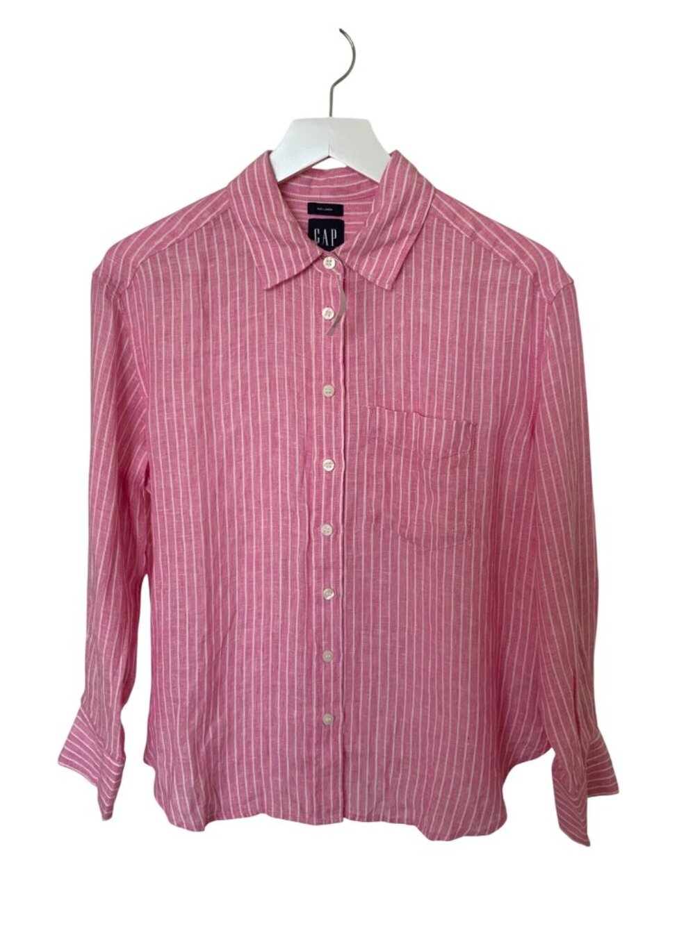 Gap Pink & White Striped 100% Linen Button-Up Shirt